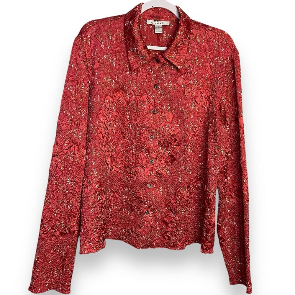 Savvy By Rafael Button Up Shirt Women's Large Pink Embroidered Floral Retro Boho